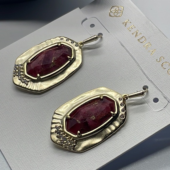 Kendra Scott Anna Drop Gold Bronze Veined Maroon Jade Earrings - Picture 4 of 8